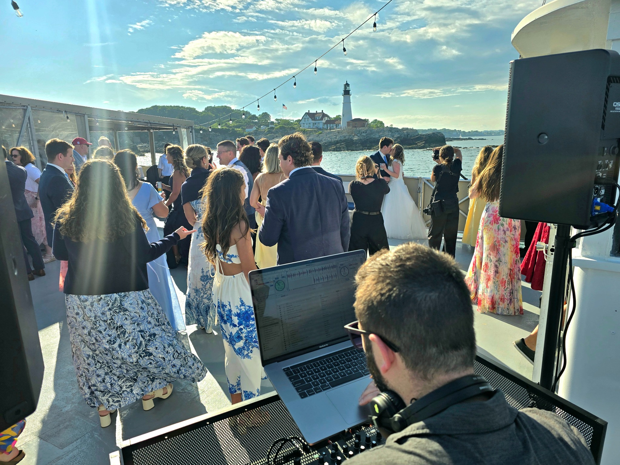 DJ setup at a waterfront wedding
